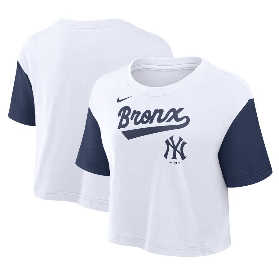 Women's New York Yankees Nike White/Navy Script Cropped Performance T-Shirt
