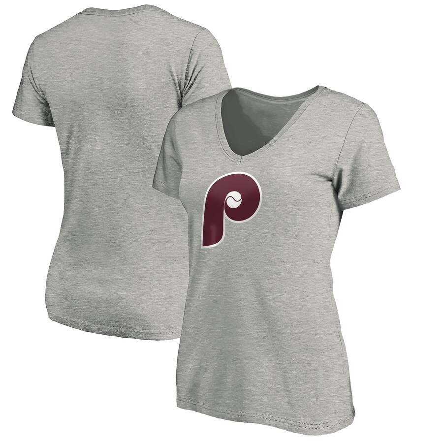 Women's Philadelphia Phillies Heathered Gray Cooperstown Collection Huntington Logo V-Neck T-Shirt