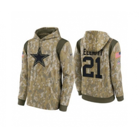 Men's Dallas Cowboys #21 Ezekiel Elliott Camo 2021 Salute To Service Therma Performance Pullover Football Hoodie