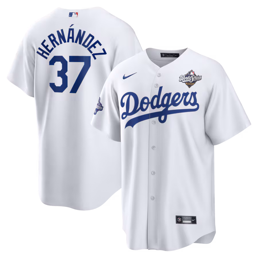 Men's Los Angeles Dodgers Teoscar Hernández Nike White Home 2025 World Series Champions Replica Jersey