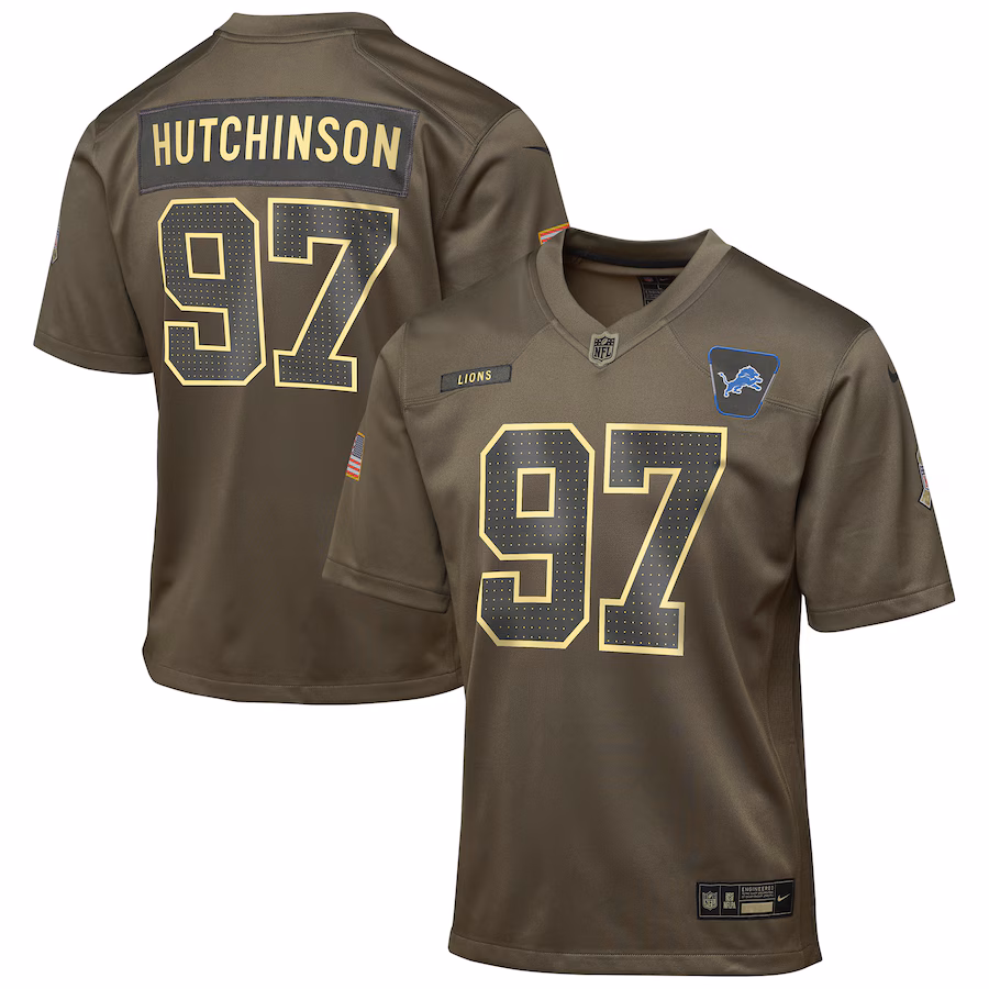 Youth Detroit Lions Aidan Hutchinson Nike Olive 2025 Salute to Service Game Jersey