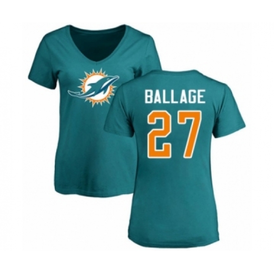 Football Women's Miami Dolphins #27 Kalen Ballage Aqua Green Name & Number Logo T-Shirt