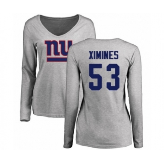 Football Women's New York Giants #53 Oshane Ximines Ash Name & Number Logo Long Sleeve T-Shirt