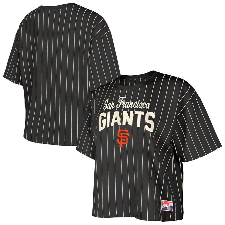 Women's San Francisco Giants New Era Black Cooperstown Collection Multiplier Pinstripe Cropped T-Shirt