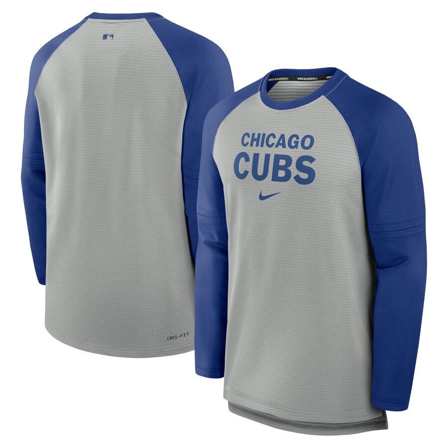Men's Chicago Cubs Nike Heather Gray/Royal Authentic Collection Game Time Raglan Performance Long Sleeve T-Shirt