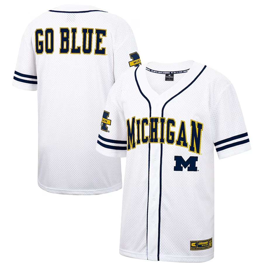 Men's Colosseum White Michigan Wolverines Free Spirited Mesh Button-Up Baseball Jersey