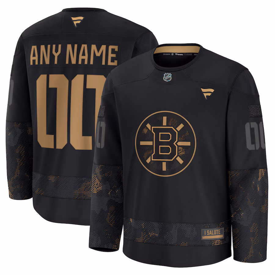 Men's Boston Bruins Fanatics Black 2024 Military Appreciation Custom Practice Jersey