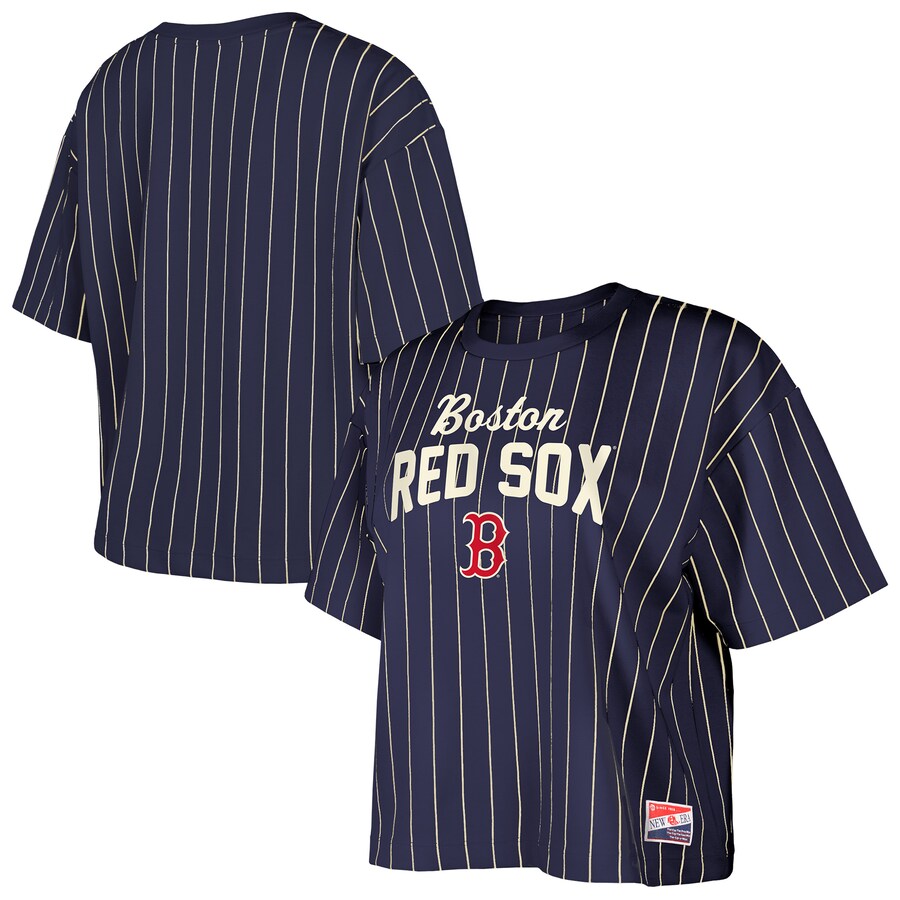 Women's Boston Red Sox New Era Navy Cooperstown Collection Multiplier Pinstripe Cropped T-Shirt