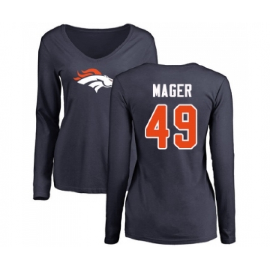 Football Women's Denver Broncos #49 Craig Mager Navy Blue Name & Number Logo Long Sleeve T-Shirt