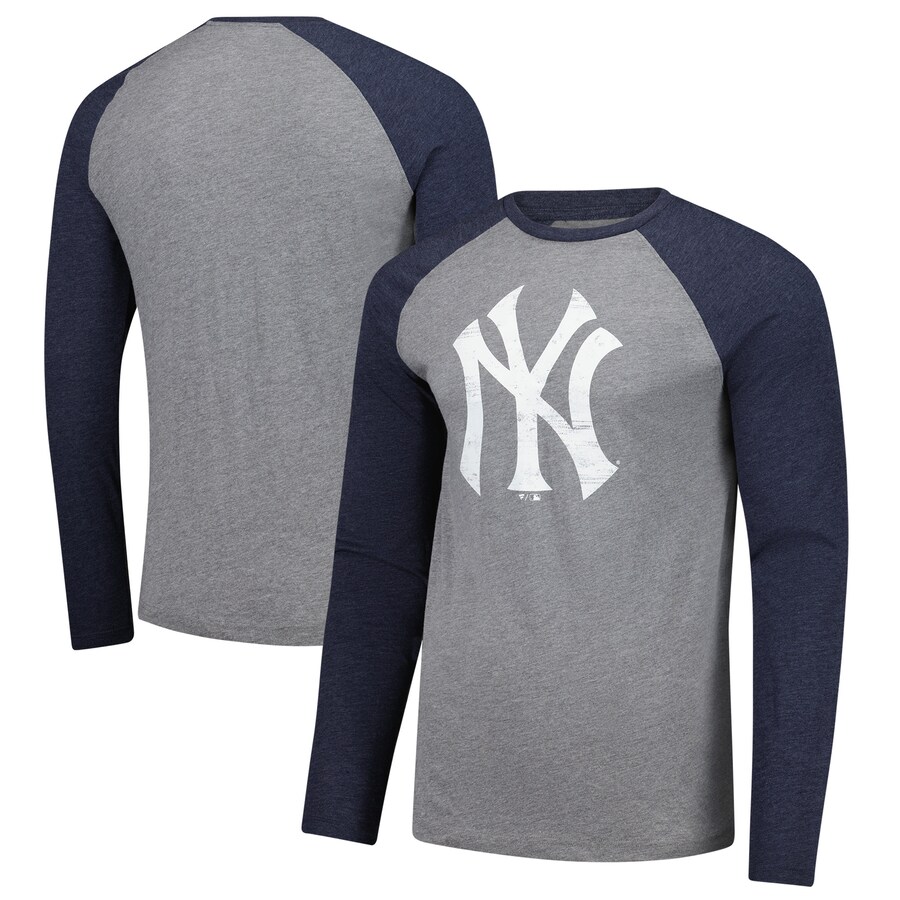 Men's New York Yankees Fanatics Heather Gray/Heather Navy Weathered Logo Tri-Blend Raglan Long Sleeve T-Shirt