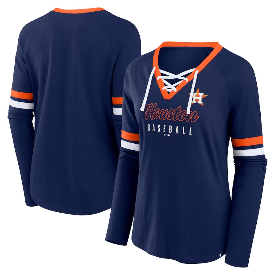 Women's Houston Astros Fanatics Navy Won & Done Raglan Lace-Up Long Sleeve T-Shirt