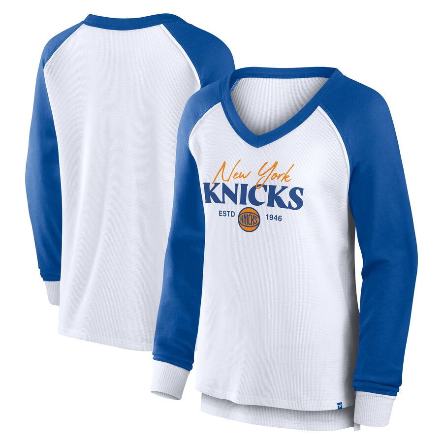 Women's New York Knicks Fanatics White Open Lane Waffle Long Sleeve V-Neck T-Shirt