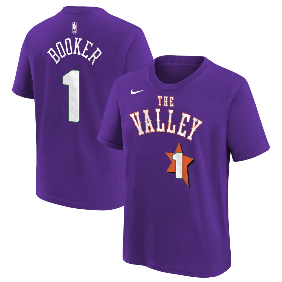 Youth Phoenix Suns Devin Booker Nike Purple 2024/25 City Edition Name & Number T-Shirt