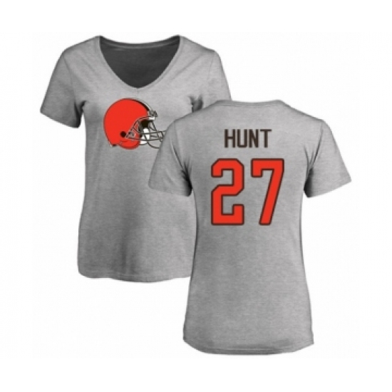 Football Women's Cleveland Browns #27 Kareem Hunt Ash Name & Number Logo T-Shirt