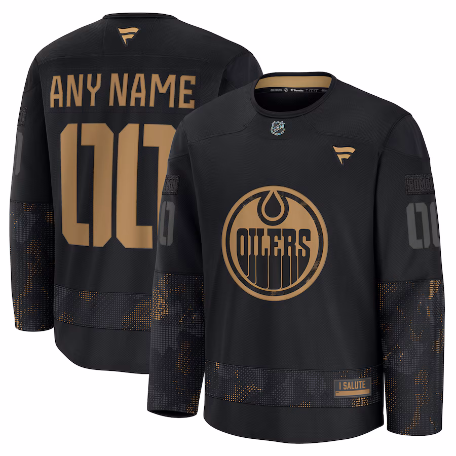 Men's Edmonton Oilers Fanatics Black 2024 Military Appreciation Personalized Long Sleeve Practice Jersey