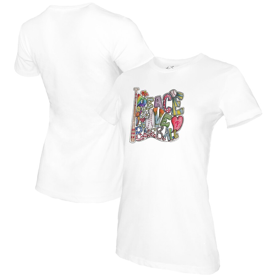 Women's Philadelphia Phillies Tiny Turnip White Peace Love Baseball T-Shirt