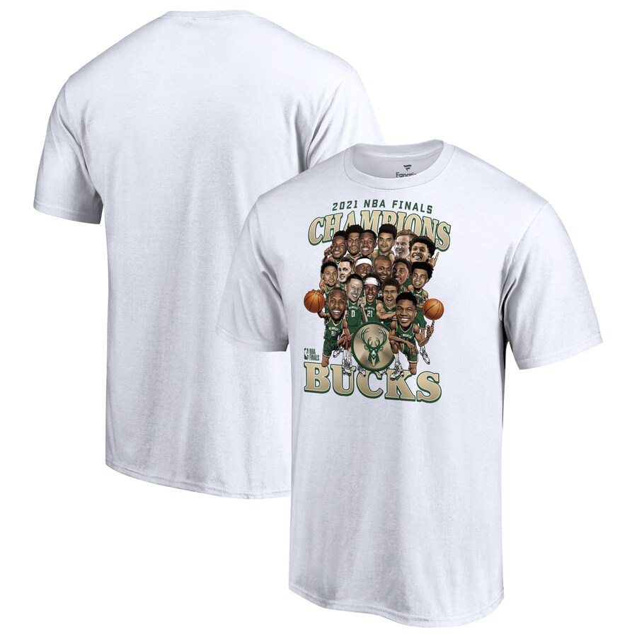 Men's Milwaukee Bucks Fanatics White 2021 NBA Finals Champions Team Caricature Roster T-Shirt