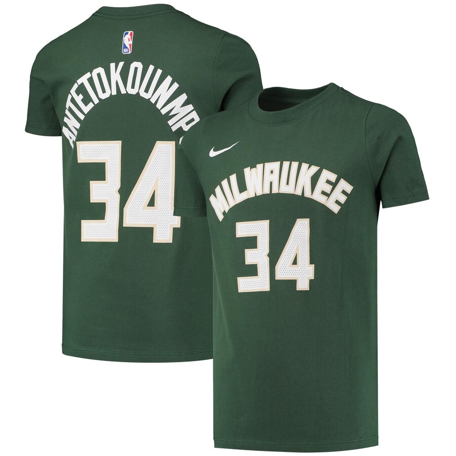 Youth Milwaukee Bucks Giannis Antetokounmpo Nike Hunter Green Logo Name & Number Performance T-Shirt