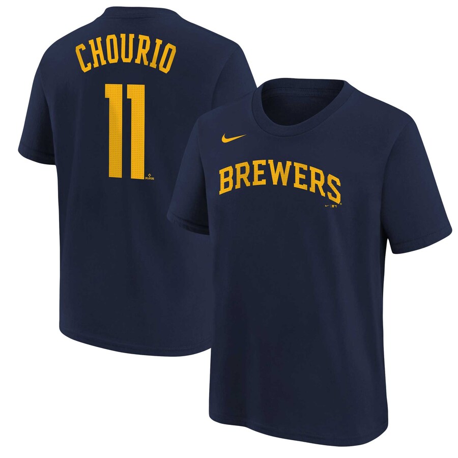 Youth Milwaukee Brewers Jackson Chourio Nike Navy Name & Number T-Shirt