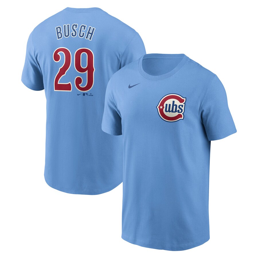 Men's Chicago Cubs Michael Busch Nike Baby Blue Fuse Name & Number T-Shirt