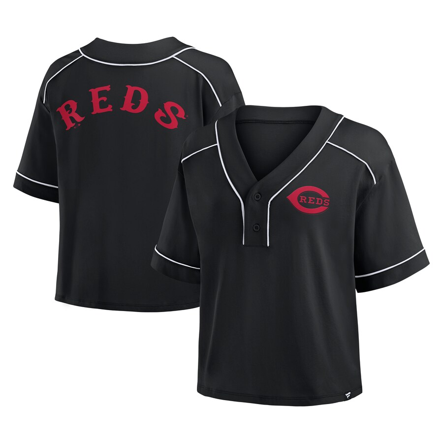 Women's Cincinnati Reds Fanatics Black Oversized Champ Game Cropped V-Neck T-Shirt