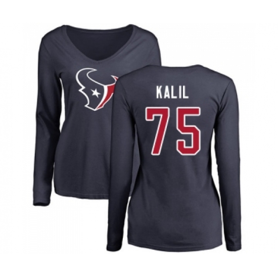 Football Women's Houston Texans #75 Matt Kalil Navy Blue Name & Number Logo Long Sleeve T-Shirt