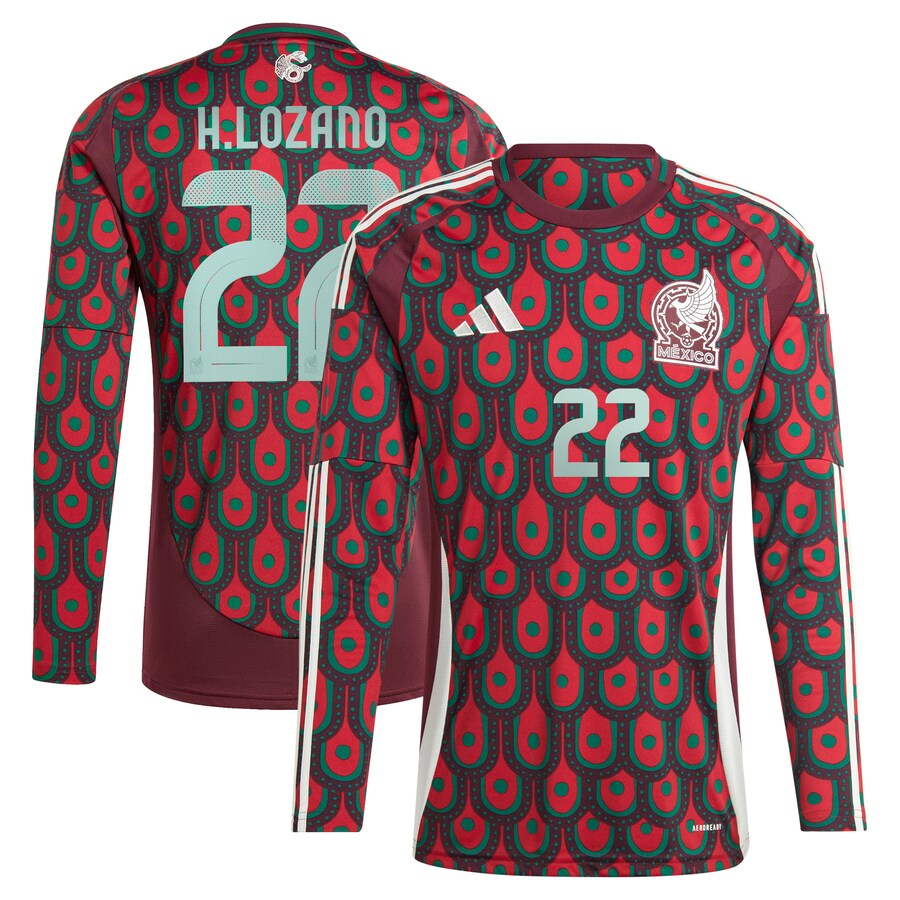 Men's Mexico National Team Hirving Lozano adidas Burgundy 2024 Home Replica Player Long Sleeve Jersey