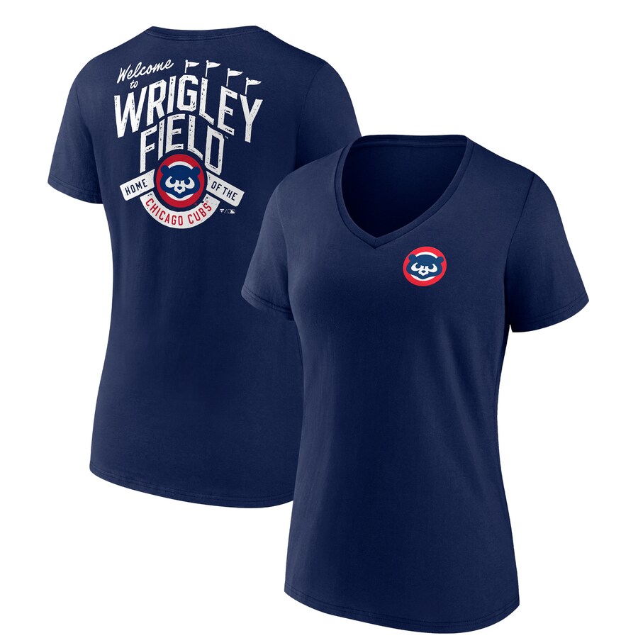 Women's Chicago Cubs Navy Hometown Collection Wrigley V-Neck T-Shirt