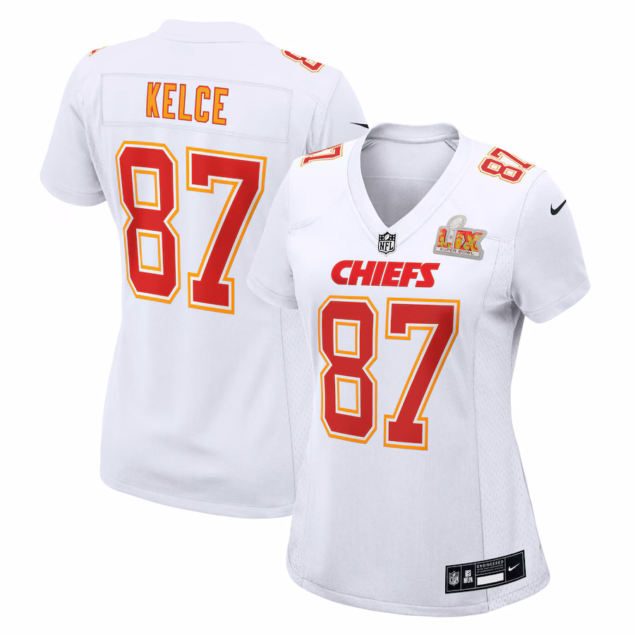 Women's Kansas City Chiefs Travis Kelce Nike Tundra White Super Bowl LIX Fashion Game Jersey