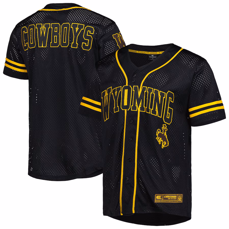 Men's Colosseum Black Wyoming Cowboys Free Spirited Mesh Button-Up Baseball Jersey