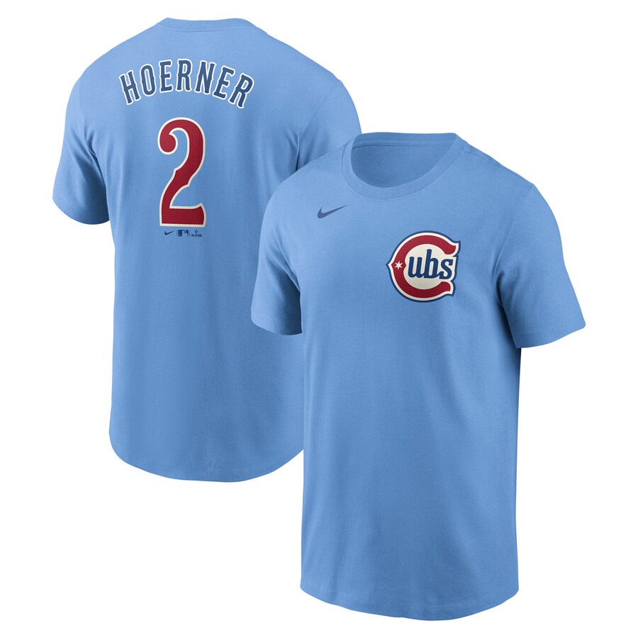 Men's Chicago Cubs Nico Hoerner Nike Baby Blue Fuse Name & Number T-Shirt
