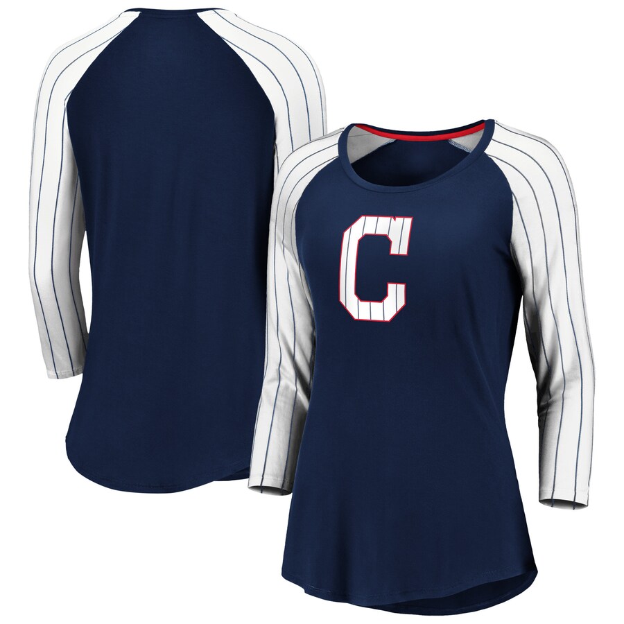 Women's Cleveland Guardians Fanatics Navy Iconic Pinstripe Raglan 3/4-Sleeve T-Shirt