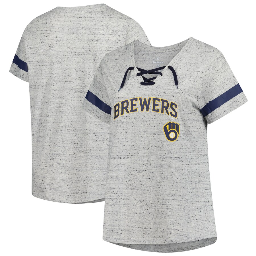 Women's Milwaukee Brewers Profile Heather Gray Raglan Lace-Up Fleck T-Shirt