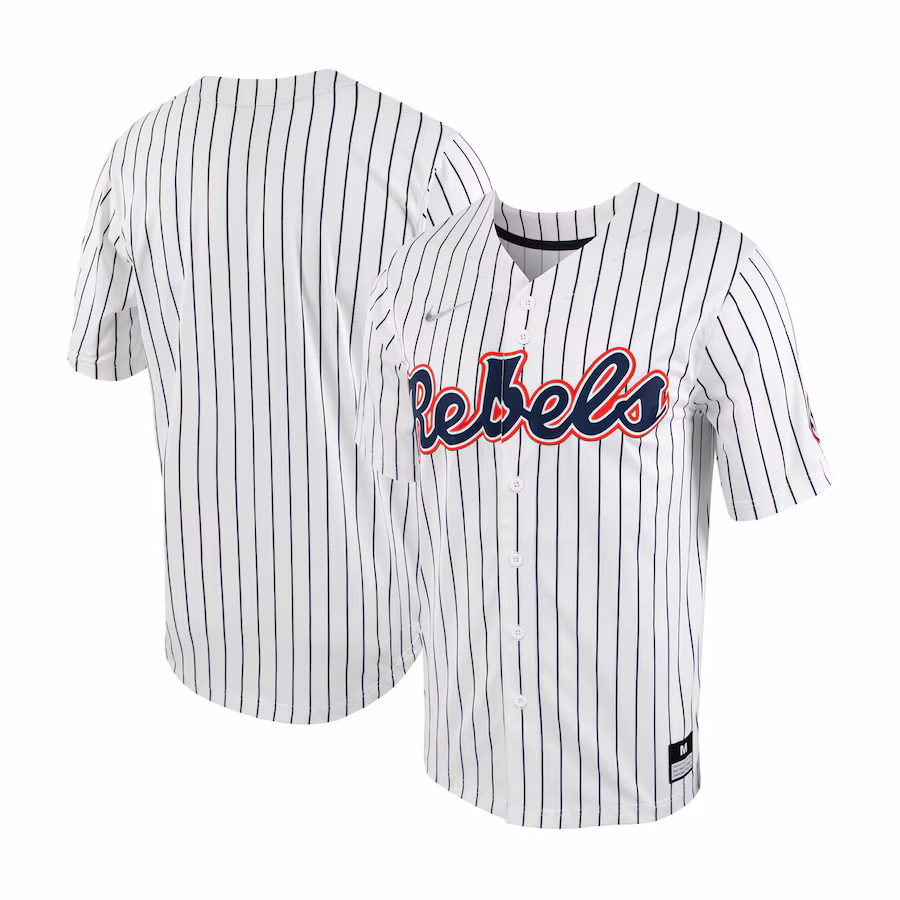 Men's Nike White/Navy Ole Miss Rebels Pinstripe Replica Full-Button Baseball Jersey
