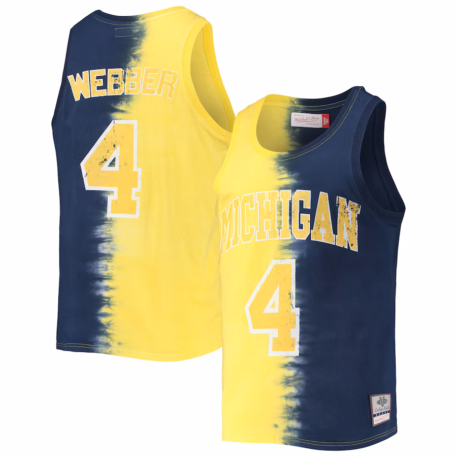 Men's Mitchell & Ness Chris Webber Maize/Navy Michigan Wolverines Name & Number Tie-Dye Tank Top