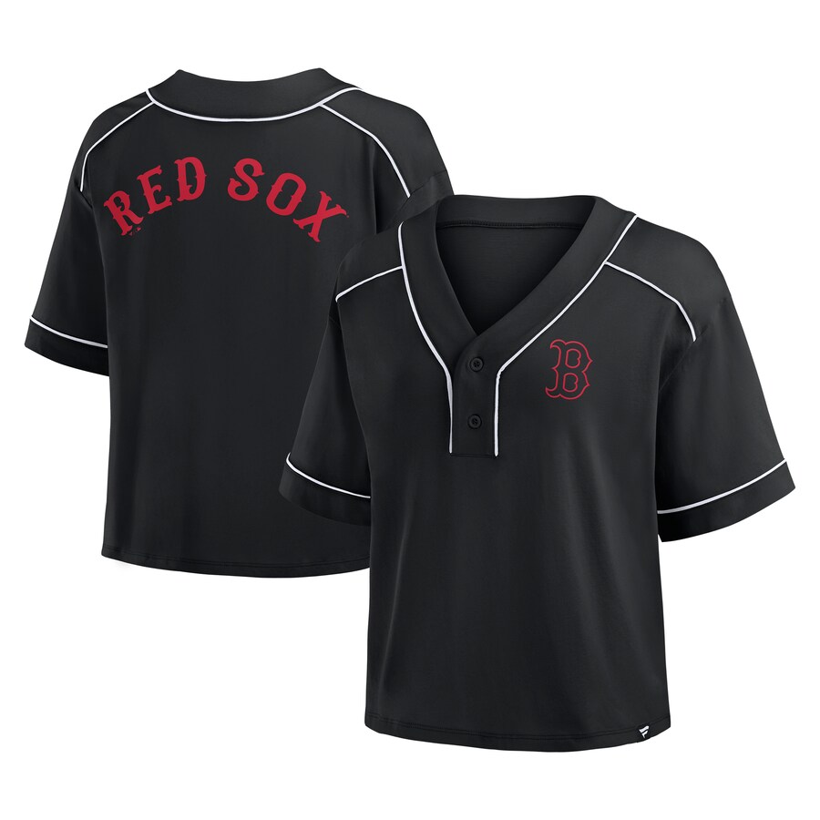 Women's Boston Red Sox Fanatics Black Oversized Champ Game Cropped V-Neck T-Shirt