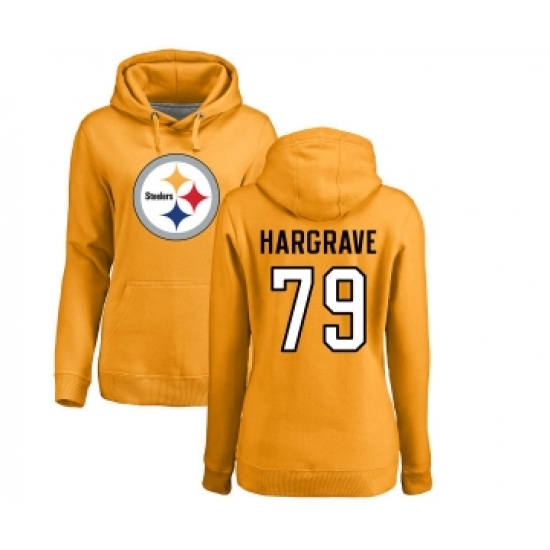 Football Women's Pittsburgh Steelers #79 Javon Hargrave Gold Name & Number Logo Pullover Hoodie