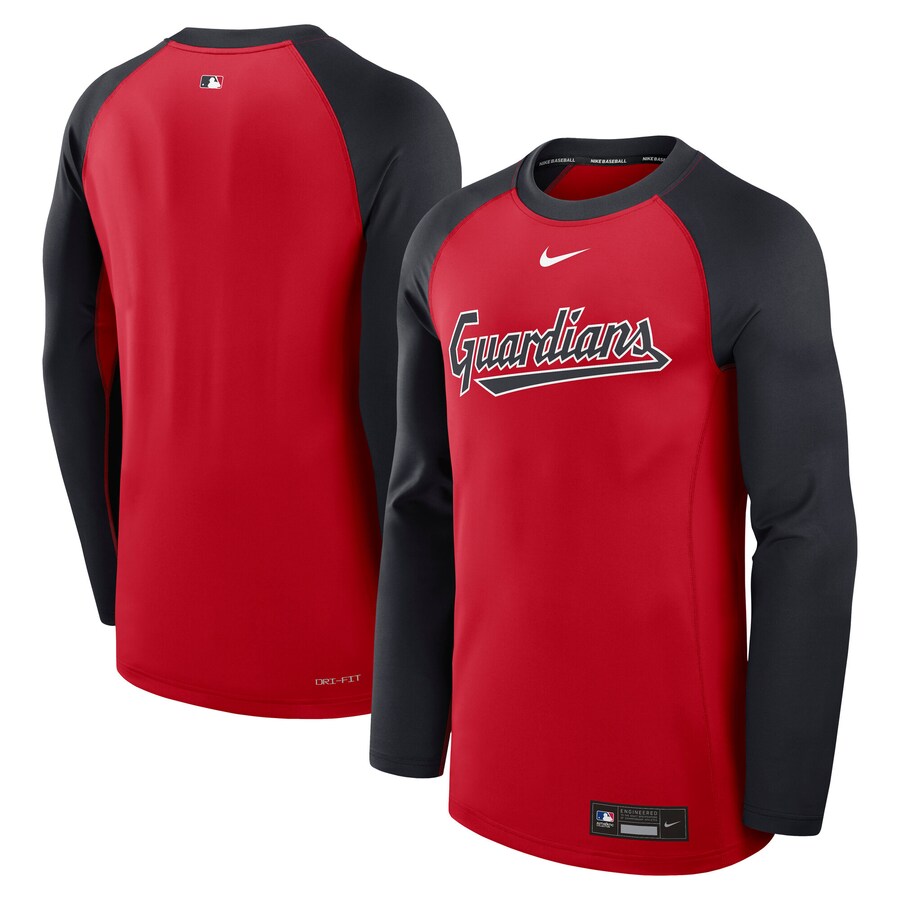 Men's Cleveland Guardians Nike Red/Navy Authentic Collection Game Time Raglan Performance Long Sleeve T-Shirt