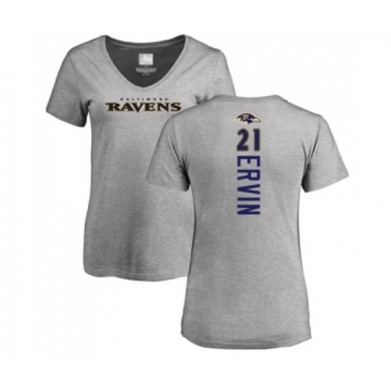 Football Women's Baltimore Ravens #21 Tyler Ervin Ash Backer V-Neck T-Shirt