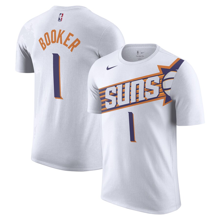 Men's Phoenix Suns Devin Booker Nike White 2023/24 Association Name & Number T-Shirt