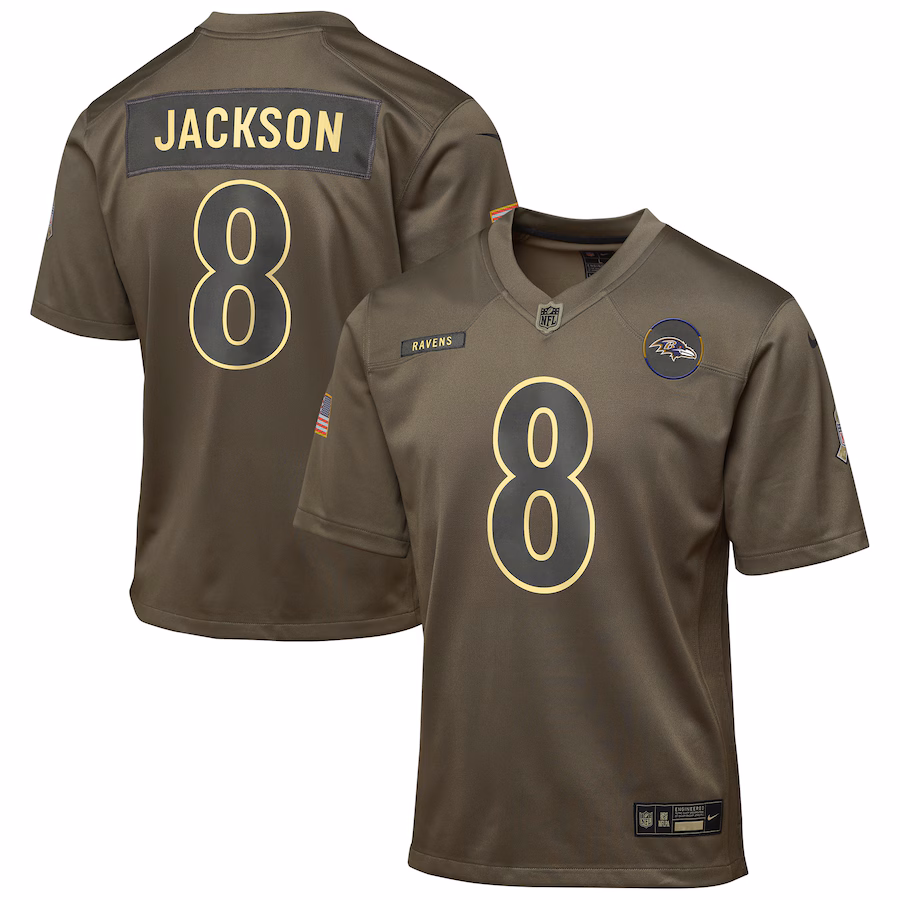 Youth Baltimore Ravens Lamar Jackson Nike Olive 2025 Salute to Service Game Jersey