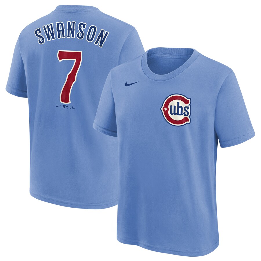 Youth Chicago Cubs Dansby Swanson Nike Baby Blue Player Name & Number T-Shirt
