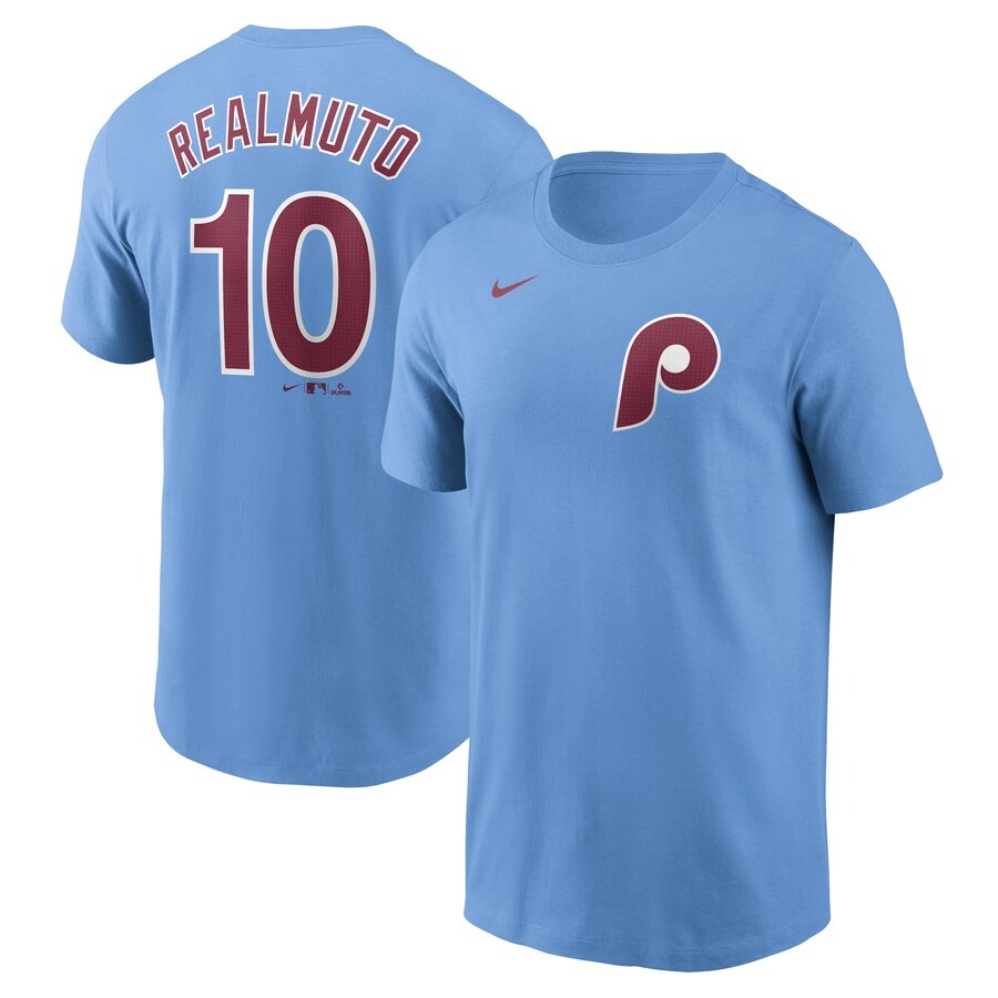 Men's Philadelphia Phillies J.T. Realmuto Nike Light Blue Fuse Name & Number T-Shirt