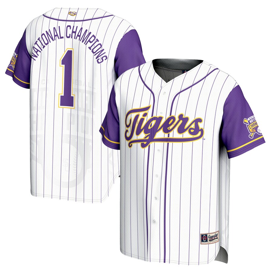 Youth GameDay Greats #1 White LSU Tigers 2025 NCAA Men's Baseball College World Series Champions Lightweight Baseball Jersey