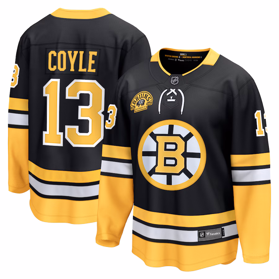 Men's Boston Bruins Charlie Coyle Fanatics Black 100th Anniversary Premier Breakaway Player Jersey
