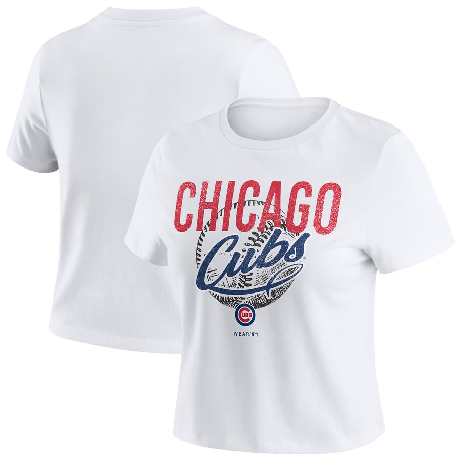 Women's Chicago Cubs WEAR by Erin Andrews White Distressed Cropped Baby T-Shirt
