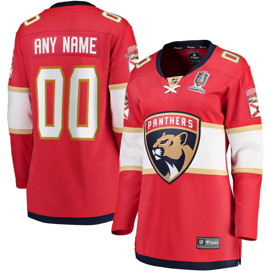 Women's Florida Panthers Fanatics Red Home 2024 Stanley Cup Champions Breakaway Custom Jersey