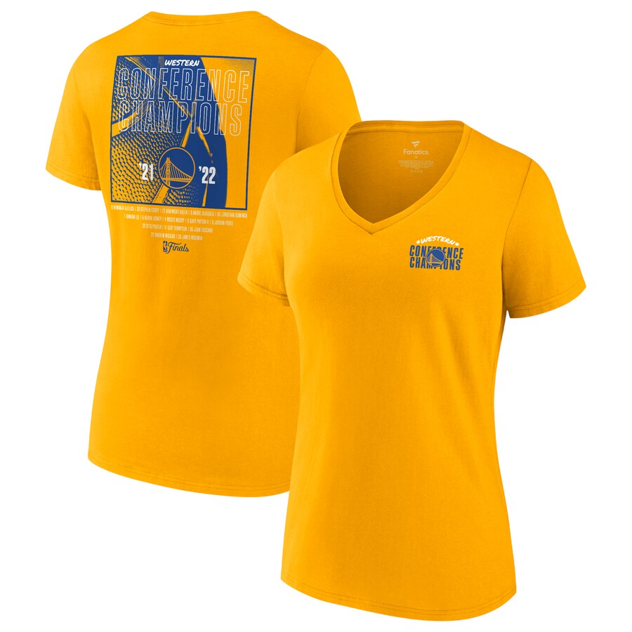 Women's Golden State Warriors Fanatics Gold 2022 Western Conference Champions Balanced Attack Roster V-Neck T-Shirt