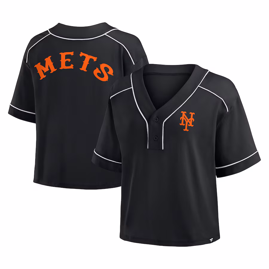 Women's New York Mets Fanatics Black Oversized Champ Game Cropped V-Neck T-Shirt
