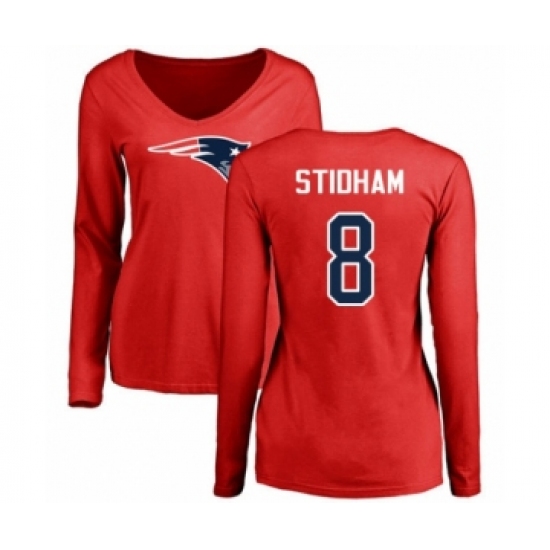 Football Women's New England Patriots #8 Jarrett Stidham Red Name & Number Logo Slim Fit Long Sleeve T-Shirt